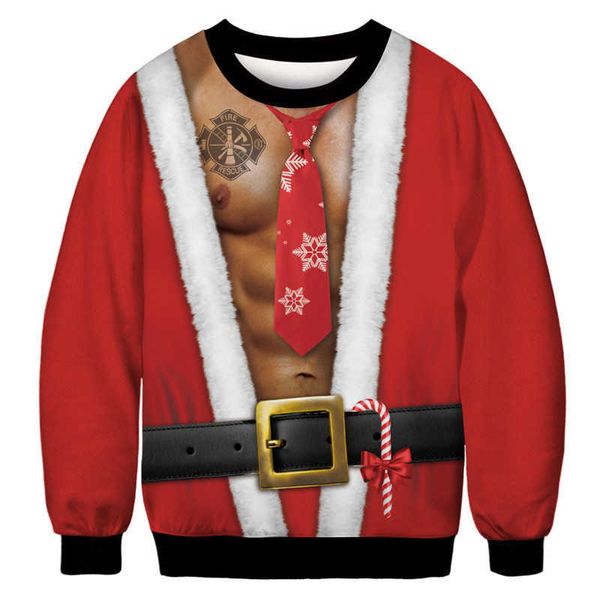 Homens Mulheres Feio Camisola De Natal 3D Engraçado Impressão Pulôver Crewneck Crewneck Crewneck Pares Outono Inverno Xmas Jumpers Tops Y0907