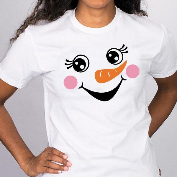 

women graphic cartoon snowman happy face 90s holiday merry christmas tees clothes print lady female t shirt t-shirt, White