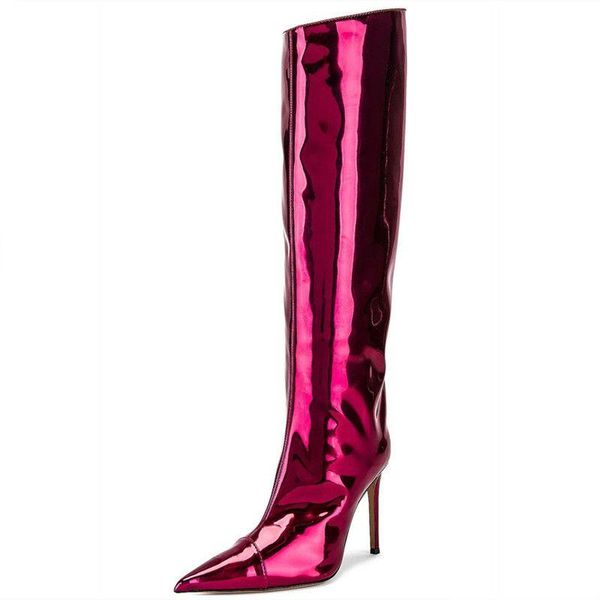 

boots mkkhou fashion knee-length women colorful patent leather pointed toe stiletto high-heeled all-match high, Black