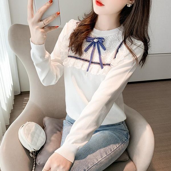 

women's sweaters autumn winter womens long sleeve casual sweet girls preppy style ruffled hollow out white lace knitted pullovers, White;black