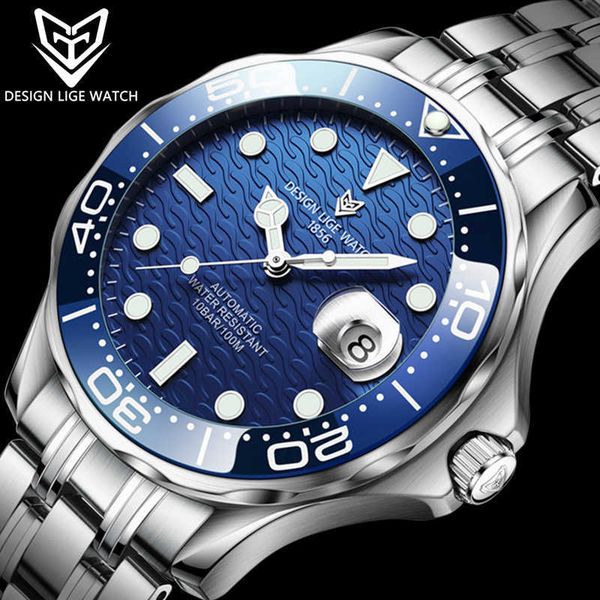 

lige design creative automatic mechanical watch men stainless steel dive clock fashion business100m waterproof mens watches+box 210527, Slivery;brown