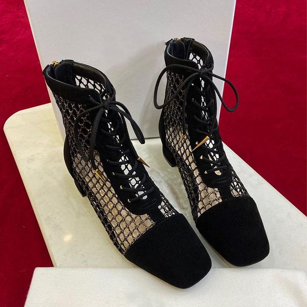 

sandals mesh hollow ankle boots fashion classic fishing net square toe shoes for women summer high heel lace-up zipper, Black