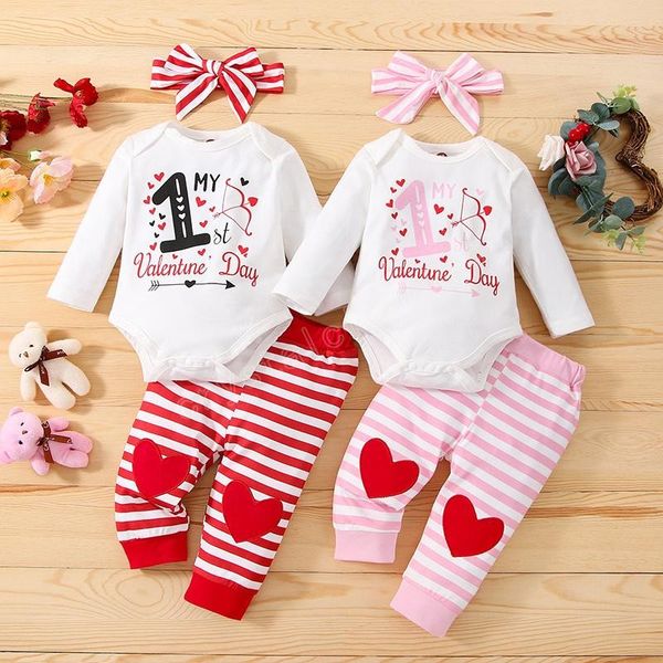 

kids clothing sets girls valentine's day outfits infant letter print romper +love heart stripe pants+headband 3pcs/set spring autumn ba, White