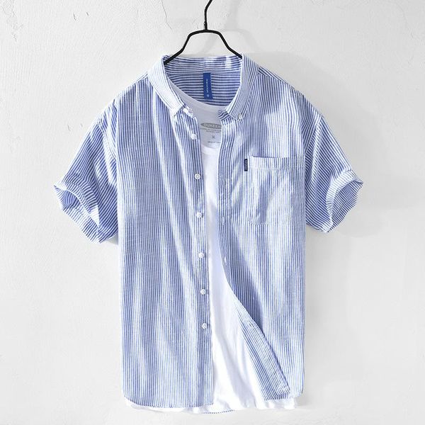 

men's casual shirts stripe all-match simple classical japan style fresh youth handsome pocket short sleeve turn-down collar, White;black