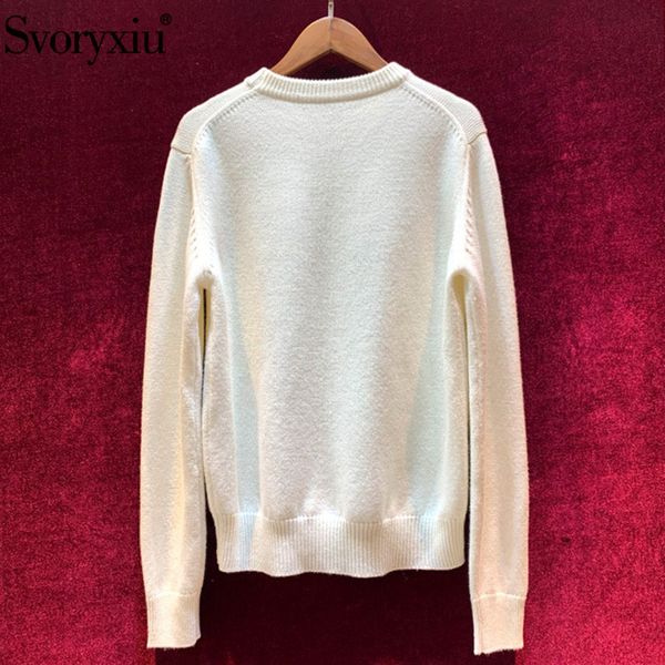 

winter svoryxiu designer 100% wool sweater pullover women's long sleeve sunflower beading applique vintage knitting j 06gf, White;black