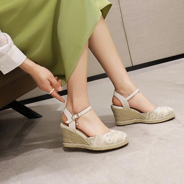 

sandals preppy style slingback wedges plus size 41 42 43 44 summer 2022 round toe platform straw weaving buckle female shoes, Black