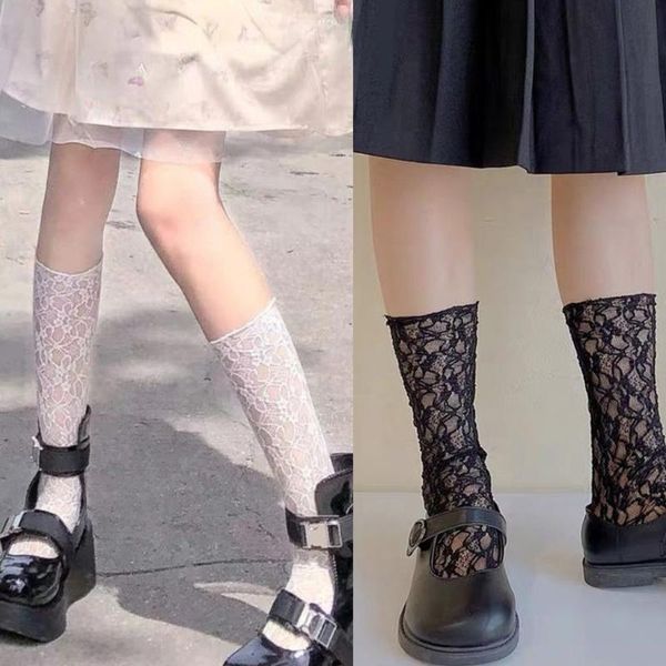 

socks & hosiery q6pb women girls vintage floral lace jacquard calf japanese lolita maid kawaii see-through hollow out mesh princess, Black;white