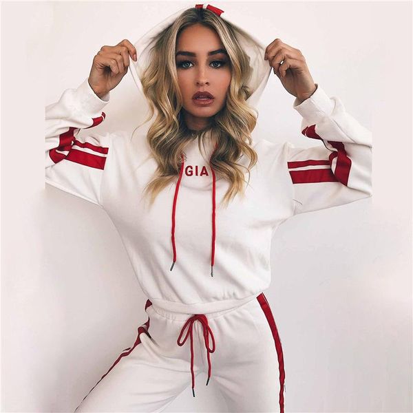 

women's two piece pants aibeiling color matching stripe short lace up hooded casual sweater sports suit, White