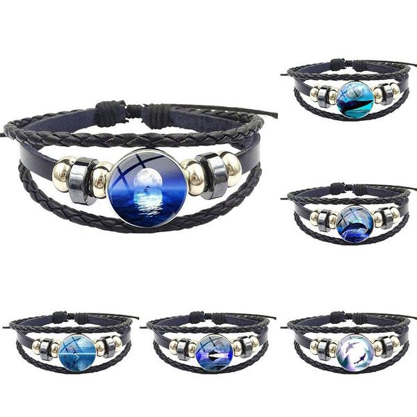

charm bracelets moon and dolphin jewelry glass s black leather bracelet bangle bijouterie for lovers girl friend gift, Golden;silver