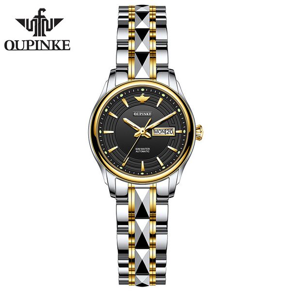 

oupinke luxury mechanical wristwatches for women stainless steel waterproof silver golden black watch face with case go to diver and lovers, Slivery;brown