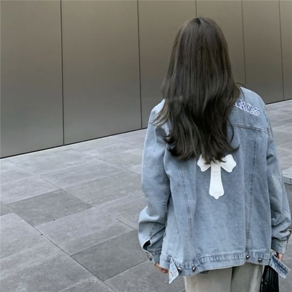 

autumn new rock cross leather label denim jacket men's and women's loose lapel lazy, Black;brown