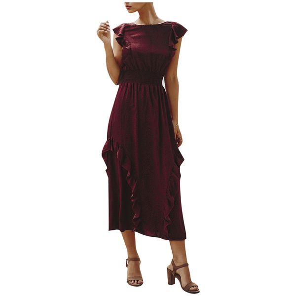 

2021 new women dresses fashion summer ladies dot print o-neck ruffled short sleeve sundress casual beach party long dress vestidos for women, Black;gray