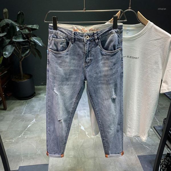 

men's jeans ripped denim 2021 trendy brand loose summer thin elastic feet pants korean harem teenagers cropped, Blue