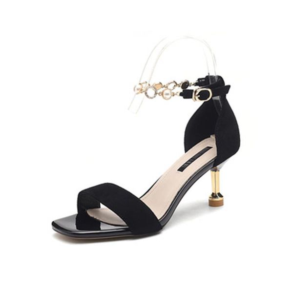 

sandals rhinestone leather thick stylish diamond shoes women's a370 belle jasmine summer 2021 female thin heels, Black
