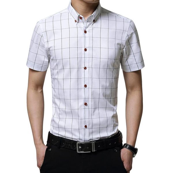 

men's casual shirts male men fashion brand short sleeve dress shirt plaid slim fit cotton social 5xl, White;black