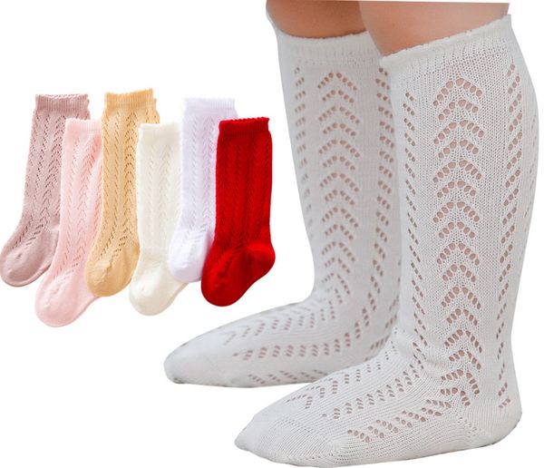 

2021 summer kids hole socks spain style girls hollow crochet knee hight socks children princess socks kids cotton breathable legs a5807, Pink;yellow