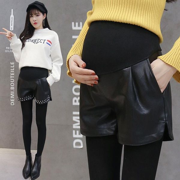 

maternity bottoms 8002# autumn korean fashion black pu shorts loose straight elastic waist belly clothes for pregnant women, White
