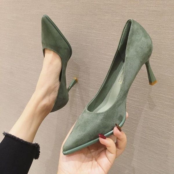

dress shoes fashion suede pointed high heels black green pump women's ladies party office 2021