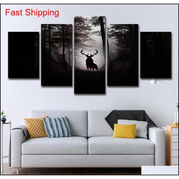 

modern canvas prints pictures home decor living room 5 pieces deer dark forest night paintings wall qylnoc homes2007