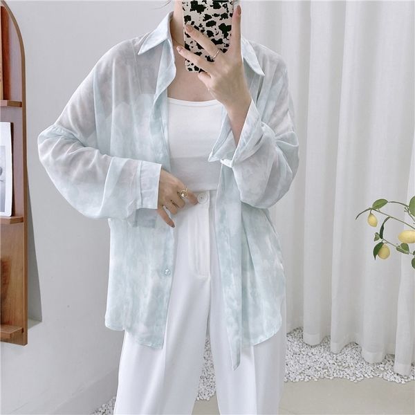 

women's blouses & shirts chiffon tie-dyed outwear slim casual new femme summer loose-fitting sunscreen oversize all match chic, White