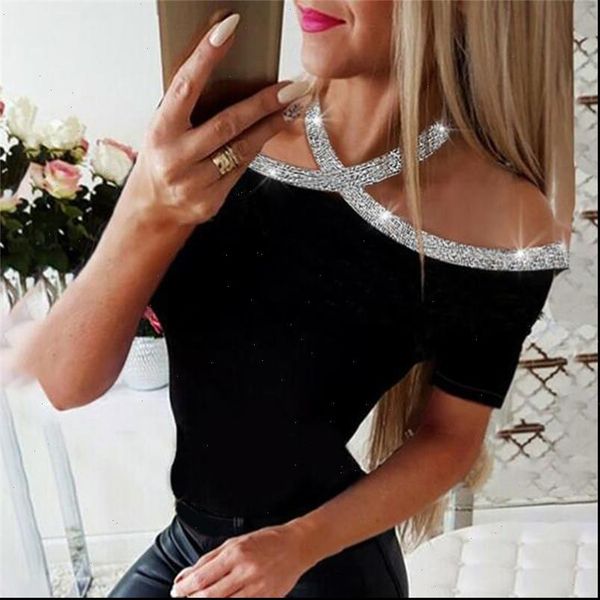 

2021 summer women elegant basic casual female lace up leisure shirt rhinestone details halter short sleeve blouse, White