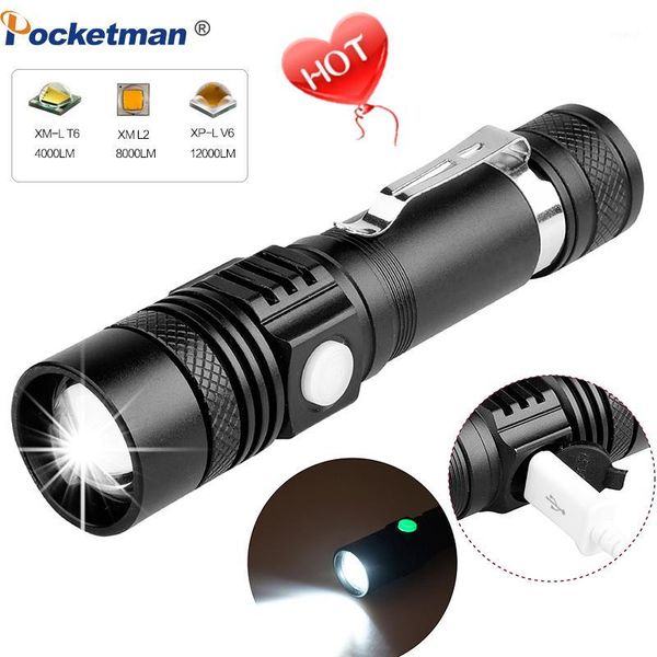 

flashlights torches super bright led usb lantern torch t6/l2/v6 power tips zoomable bicycle light 18650 rechargeable hiking camping1
