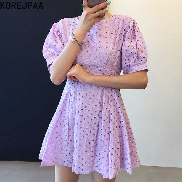 

korejpaa women dress summer korean chic french gentle purple round neck hollow lace embossed waist puff sleeve vestidos 210526, Black;gray