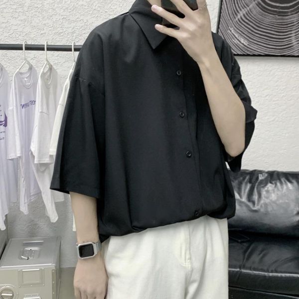 

men's casual shirts summer short sleeve shirt fashion black blue white men streetwear korean loose dress mens -2xl, White;black