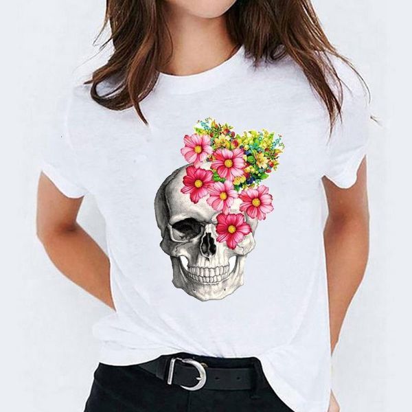 

t shirt for women 90s flower printing cute skull trend halloween print lady t-shirts female tee womens graphic t-shirt, White