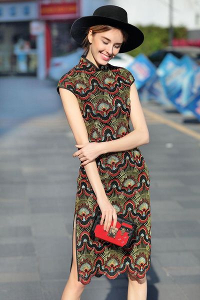 

retro embroidery cheongsam vintage qipao long dress, Red