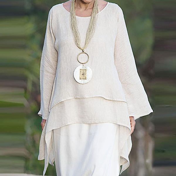 

women's blouses & shirts plus size irregular hem blouse linen long sleeve o neck casual solid color loose summer and, White