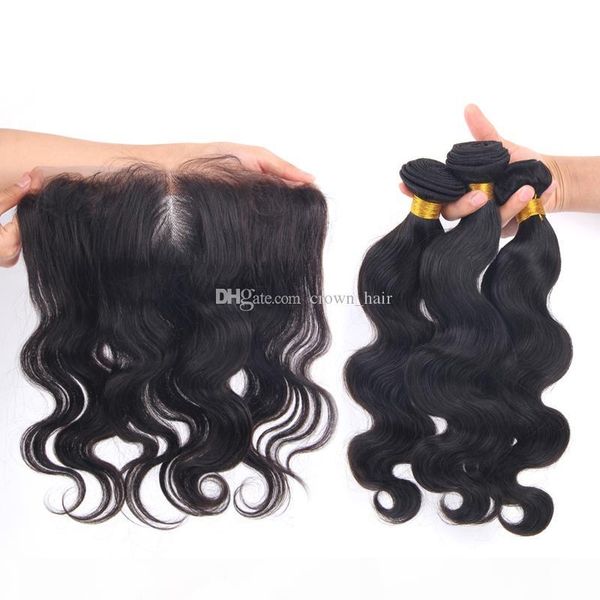 

new product body wave human hair bundles with lace frontal 4pcs lot part ear to ear lace frontal with bundles price, Black