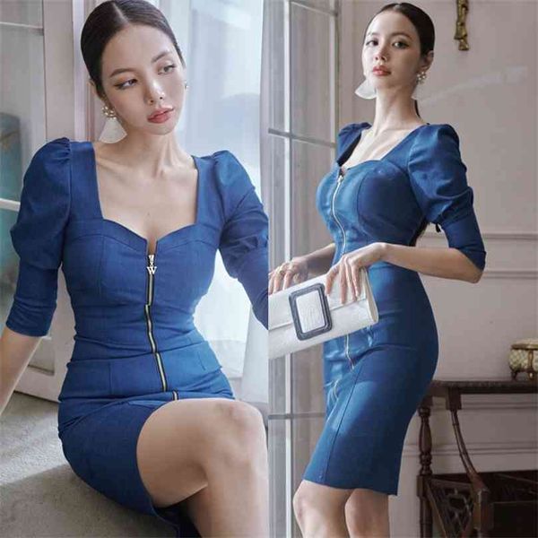 abito da ufficio autunnale Corea mezza manica da donna collo quadrato blu sexy partito cerniera abiti aderenti per abbigliamento donna 210602