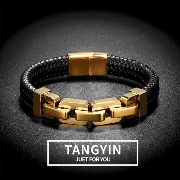 

woven leather wrapping special style classic stainless steel locomotive chain men's bracelets for mencharm charm, Golden;silver