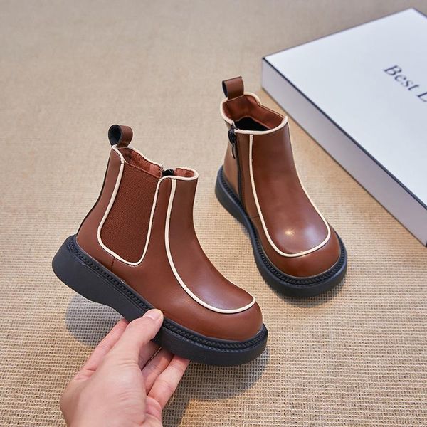 

boots 2021 winter warm retro matching children' princess little girl leather kids side zipper baby girls toddler, Black;grey