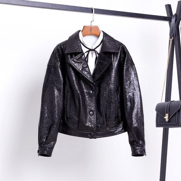 

women's leather & faux spring autumn high end 100% genuine coat short loose bf style imported sheepskin locomotive small jacket, Black