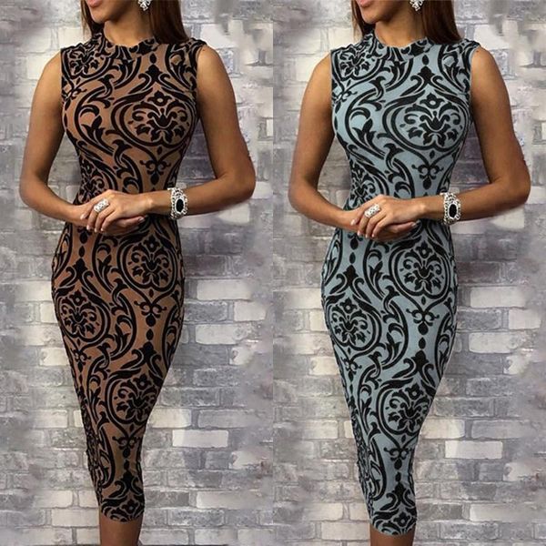 

casual dresses 2021 women's bandage bodycon arrival o-neck sleeveless summer print slim evening party club short dress, Black;gray