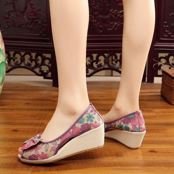 

dress shoes yourseason ladies linen bowknot floral wedge espadrilles handmade peep toe summer mid heel sandals for elegant women, Black
