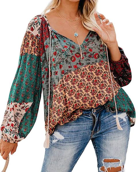 

autumn floral sweatshirts print large v-neck long sleeve pullover shirt loose drawstring blouse, Black