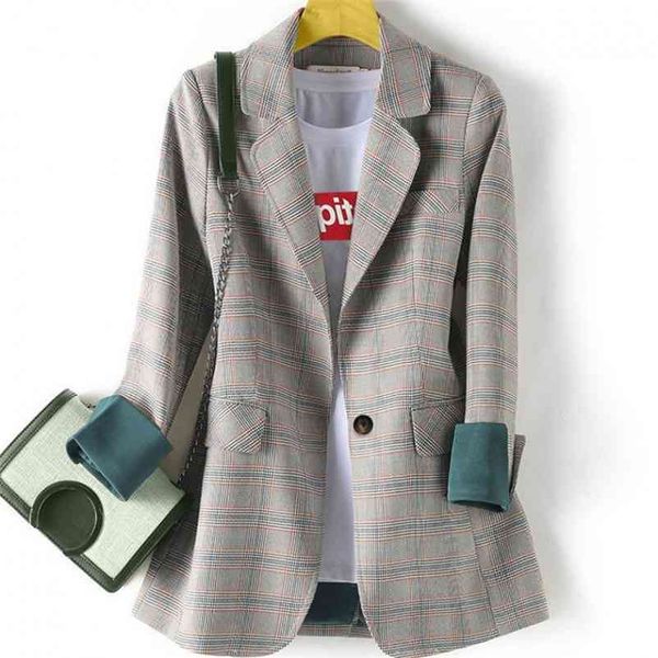 

women's office blazer casual plaid long sleeve jacket feminine in the long section of small suit overalls 210527, White;black