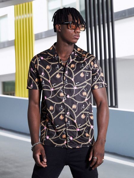 

men chain & panther print shirt r9wk#, White;black