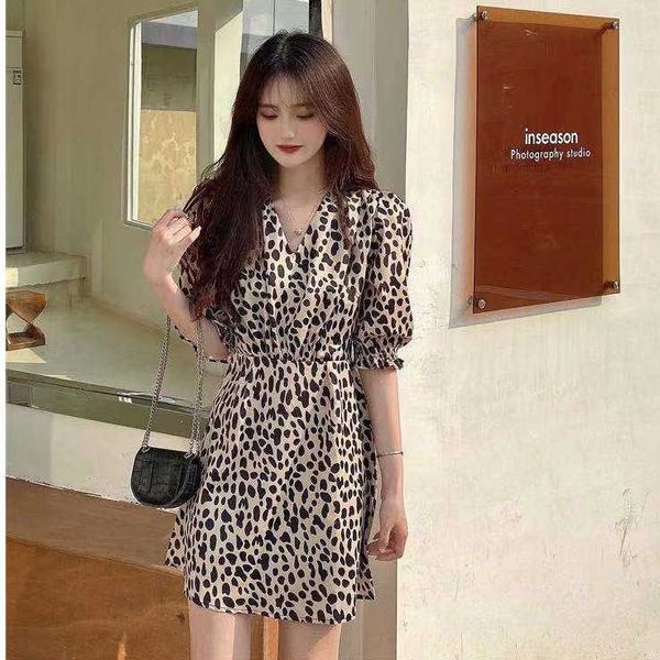 

sleeve summer short 2021 french waist closing temperament light mature style visual sense small fragrance leopard dress, Black