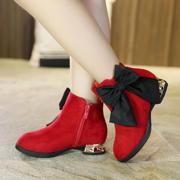 

temperament bowknot children' shoes autumn and winter princess low boots fashion trend versatile shoes cn(origin) girl boots, Black;grey