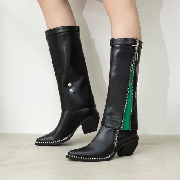 

boots removable genuine leather women pearl pointed toe wedges knee high knight autumn winter big size women's shoes, Black
