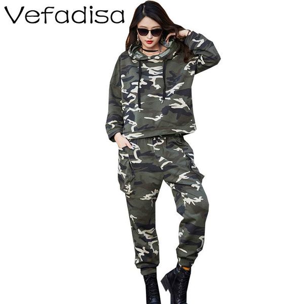 

vefadisa green women camouflage set 2021 spring women casual set hooded sweatshirt + high elastic waist pants zqy806b, White