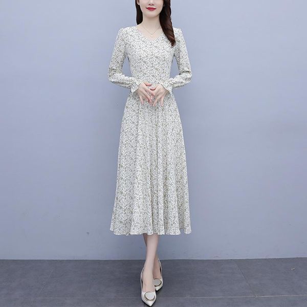 

casual dresses women one piece korea dress autumn 2021 office lady fashion long sleeve floral print chiffon high waist v-neck, Black;gray