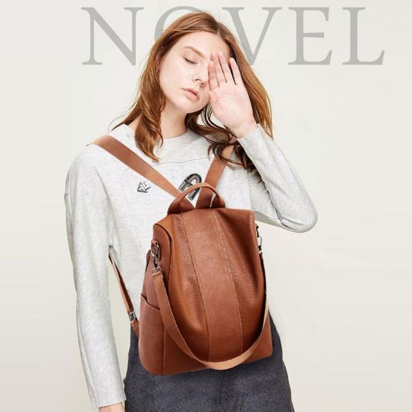 

pu leather woman bag anti-theft campus backpack travel bag business leisure all-match soft leather dual-use small backpack