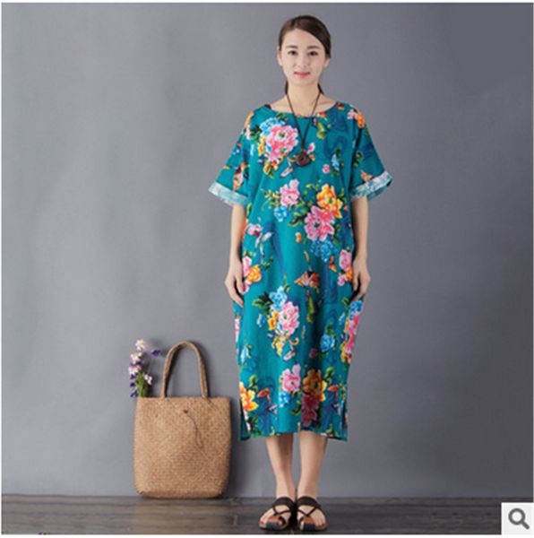 

summer new butterfly cotton flower and loose linen dress tm9p, Black;gray
