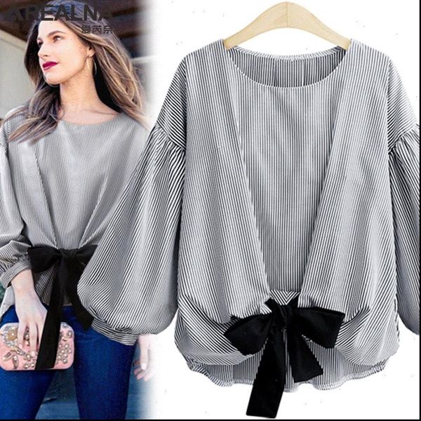 

arealna autumn vintage fashion striped bow tie blouse femme lantern sleeve shirt women camisas mujer plus size xl 5xl, White