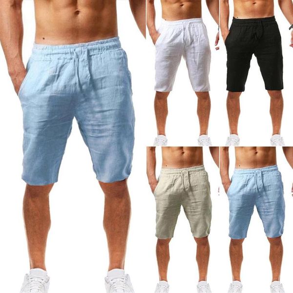 

men's shorts solid color cotton linen men large size lace up short pants knee length trousers, White;black